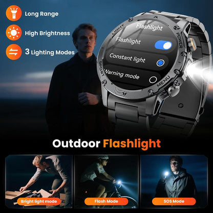 ⌚ 50 % RABATT NU! 🏃 Smartklocka för herrar i militärstil – 1,7" AMOLED, 1100 mAh, IP68 vattentät & LED-ficklampa – perfekt för äventyr 🔦