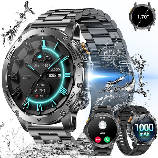 ⌚ 50 % RABATT NU! 🏃 Smartklocka för herrar i militärstil – 1,7" AMOLED, 1100 mAh, IP68 vattentät & LED-ficklampa – perfekt för äventyr 🔦