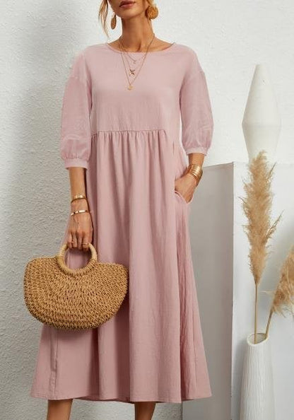 👗 50% RABATT NU! 🌾 Klänning med Lanternärm i Bomull och Linne – Avslappnad Passform & Fickor – Luftig & Smickrande 🕊️