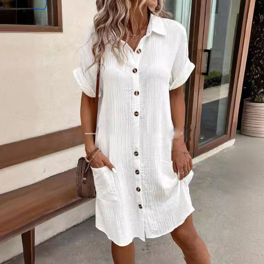 👗 Knäppt Kortärmad Skjortklänning med Ficka för Kvinnor – Avslappnad Passform, Lätt Tyg & Perfekt för Sommar ☀️