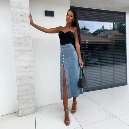 👖50 % rabatt!✨Stilren Jeanskjol i Bodycon-Modell med Knappstängning och Slits