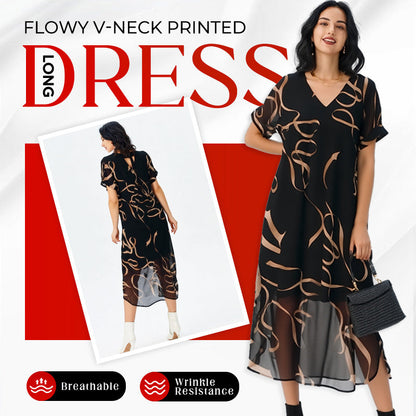 👗50% RABATT NU!🎀✨Böljande V-ringad tryckt långklänning