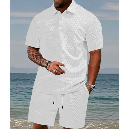 🔥Rea - 50% rabatt🔥2-delat set med kortärmad topp och shorts med dragsko för män med diamantmönster och nedfällbar krage