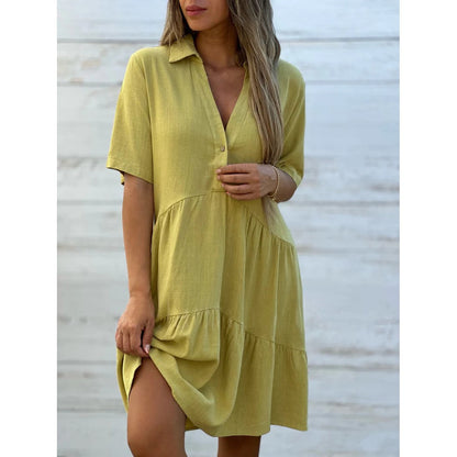 👗 40% RABATT NU! 🌸Enfärgad, bekväm klänning med knappar vid kragen