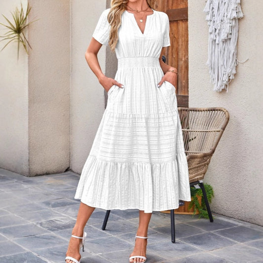 👗50% RABATT NU!🎀 | Kortärmad V-ringad Långklänning – Flödande & Sommarchic
