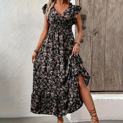 👗50% RABATT NU!🎀Flödande maxiklänning med V-ringning och blommönster
