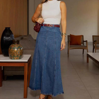 👗 60% RABATT NU! ✨ Damkjol i denim med hög midja och a-linjeform – Smickrande passform, stretchig komfort och mångsidig stil 👖
