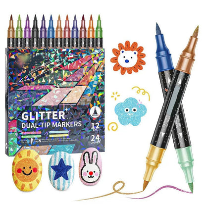 🎨✨ 50% RABATT! | 24-Färgers Dubbeländsglittermarkörset – Pensel & Fin Spets, Levande Glitter & Giftfritt!