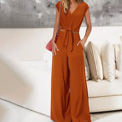 👚 50% RABATT! 🌸Kvinnors V-kragad knyttopp & vida benbyxor set✨