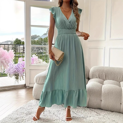 👗 50% RABATT NU! 💃 V-ringad Maxi-klänning med Volanger |Midjedefinition | Smickrande Passform|Elegant Design  🌸