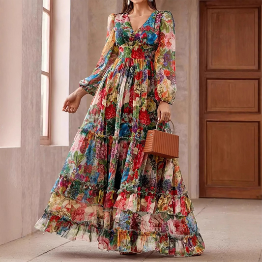 👗 50% RABATT 🌸 | Romantisk V-ringad Blomsterklänning – Lanternärmar & Kejsarmidja