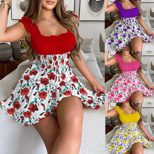 🥳2026 HOT SALE🥳Sommarmini med blommotiv och veckad midja