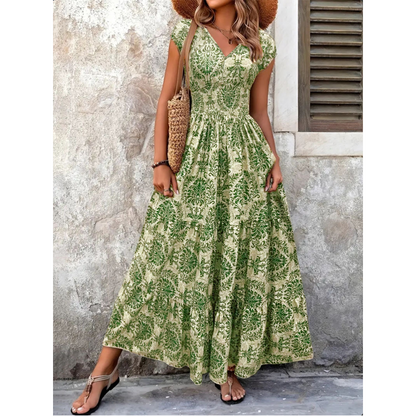 👗 50% RABATT NU! 🌸 Kvinnors V-ringad Blommönstrad Smockad Maxiklänning – Smockad Midja, Andningsbar & Mångsidig Längd ✨