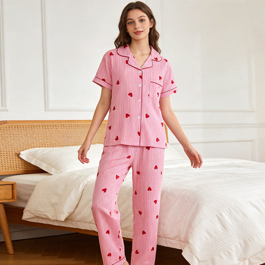 ⏳50 % rabatt under en begränsad tid⏰Randigt pyjamas-set för damer med hjärtmönster🛋️👚👖