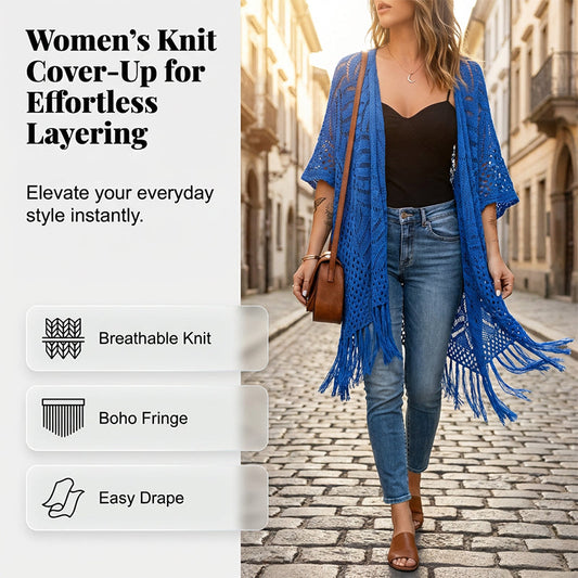 👗 50 % RABATT!🌿 Stickad damkofta med knäppning fram – i luftigt, genombrutet stickat tyg med fransar i nederkanten. Figursydd modell med vackert fall. Passar perfekt till badkläder eller jeans.🌊✨