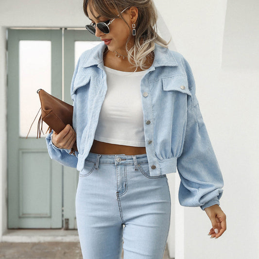 👗 50% RABATT🧥Women's Cropped Corduroy Jacket with Balloon Sleeves
