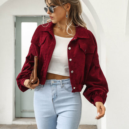 👗 50% RABATT🧥Women's Cropped Corduroy Jacket with Balloon Sleeves