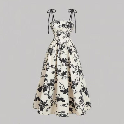 👗 50% RABATT 🌸 | Midi-klänning – Blommönster & Knytbara Axelband