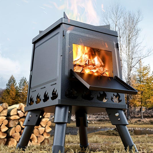 Bärbar raketskakelugn i järn | 16 ventilationshål för effektiv förbränning | Utomhusvedugn | Vikbar campingkokare