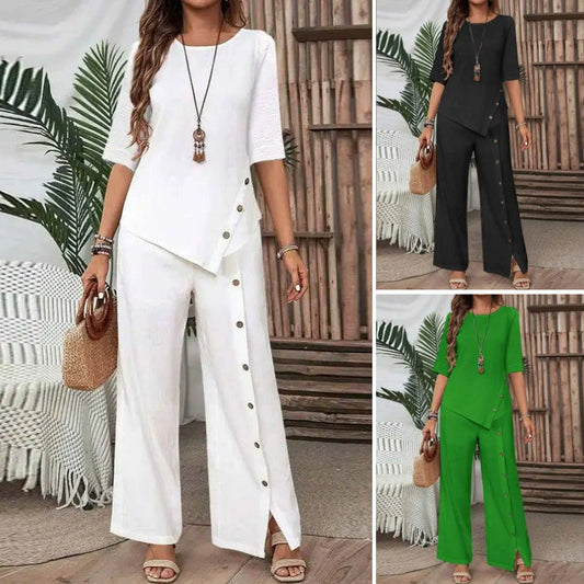 👚 50% RABATT! 🌸Tvådelade Set för Kvinnor: Topp med Oregelbunden Fåll och Vida Byxor