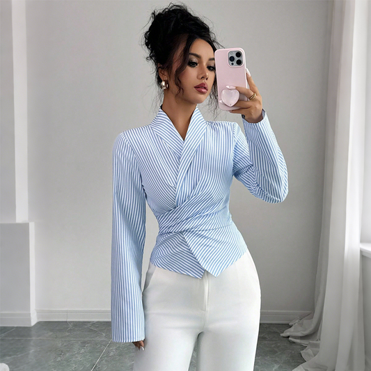 🔥50 % RABATT! 🔥Långärmad randig blus med V-ringning för damer