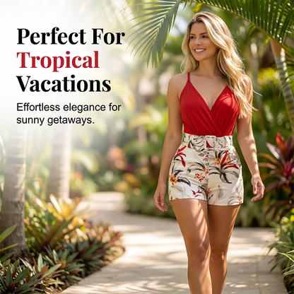 📢📢50 % RABATT !! ⏰ Set med V-ringad topp och shorts med hög midja – tropiskt mönster, 2-delad semesteroutfit 🌴