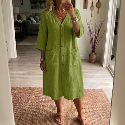 👚 50% RABATT! 🌸Avslappnad midiklänning med V-ringning för dam