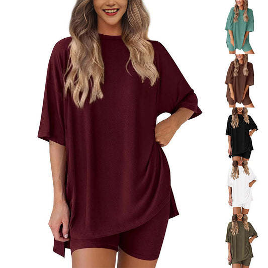 🔥 50% RABATT! 🔥Lös Mode Enhetsfärg Casual Tvådelad Set med Kortärmad och Shorts