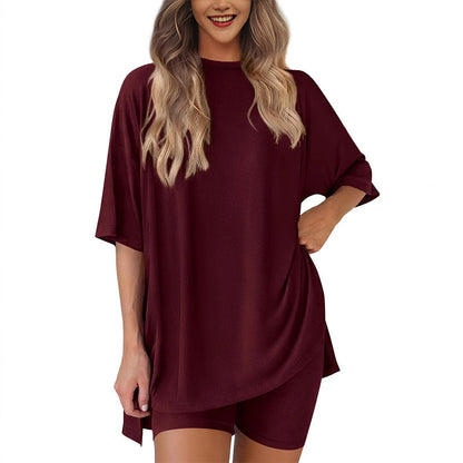 🔥 50% RABATT! 🔥Lös Mode Enhetsfärg Casual Tvådelad Set med Kortärmad och Shorts