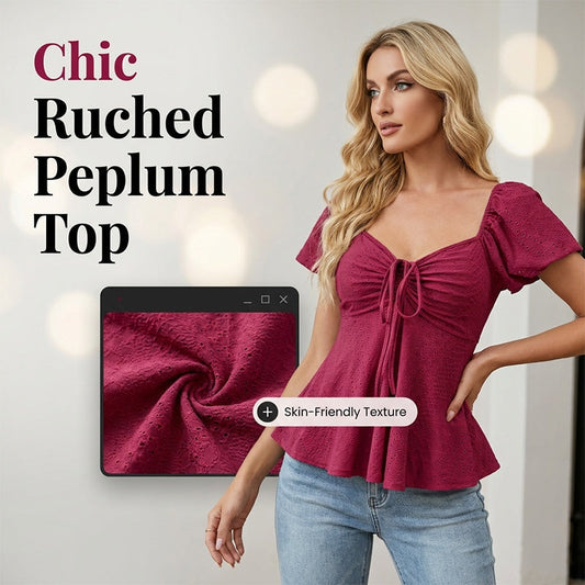 🎀50% RABATT!🎀Damtröja med puffärmar, dragsko och rynkad peplum-korsett