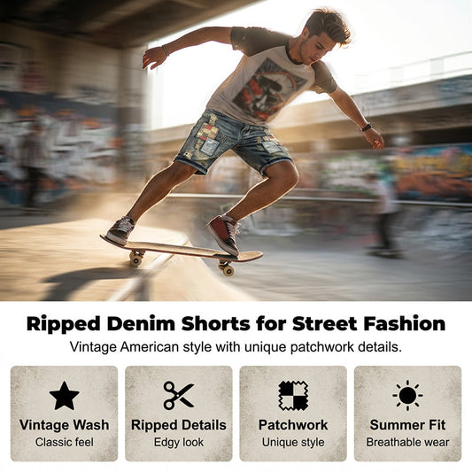 🔥50 % rabatt 🔥 Rivna jeansshorts för män – lapptäcksdesign för en trendig streetstyle-look 👖✨