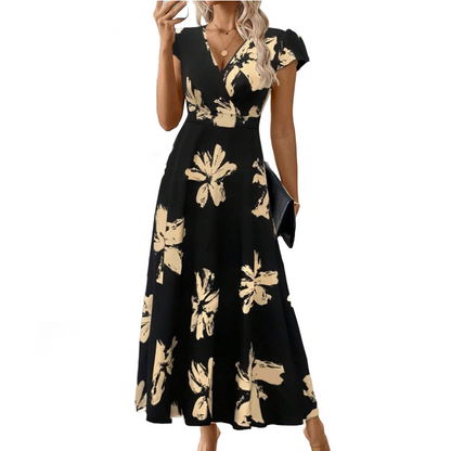 👗50% RABATT!🌸Casual klänning med tryck, V-ringning och volanger för damer