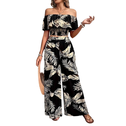 👗 50 % RABATT NU! 🌸Tvådelat set för damer med tropiskt bladmönster och bar axel