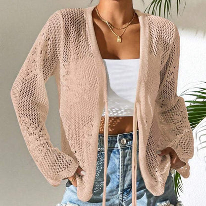 🌿 50% RABATT NU! 👗 Casual Löst sittande V-ringad Genombruten Cardigan – Andningsbar Stickning, Knytning & Lättvikt – Sommarbasvara ✨
