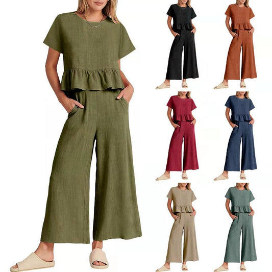 ✨50% RABATT! ✨Kortärmad topp och byxor med vida ben för kvinnor Casual tvådelat set i bomull och linne