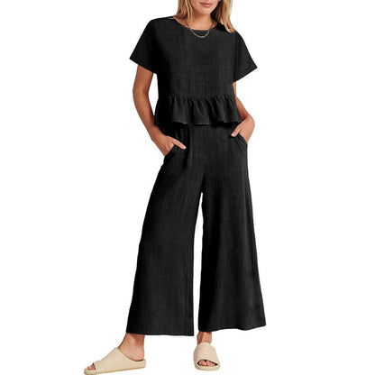 ✨50% RABATT! ✨Kortärmad topp och byxor med vida ben för kvinnor Casual tvådelat set i bomull och linne