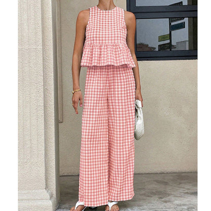 👗 50 % RABATT NU! 🌸Tvådelat set för damer i rutmönster: topp med volanger och byxor