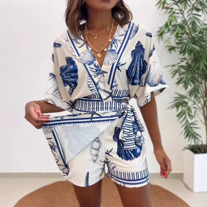 👗Nyhet❣️Romper med V-ringning och tropiskt mönster för damer