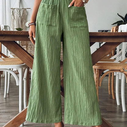 👖 40% RABATT NU!🌿 Dam Casual Enfärgad Löstsittande Byxor – Hög Midja Wide Leg & Skrynklig Textur – Bekväma Lounge Byxor ✨