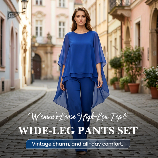 👗 50 % RABATT NU! 🌸Set med lös topp med asymmetrisk fåll och byxor med vida ben för dam