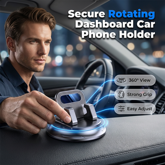 🔥50% RABATT NU!🔥 Roterande Dashboard Bilhållare – 360° Rotation, Anti-Slip Silikon, Enhandsmontering & Tvättbar Sugkopp 📱🔄