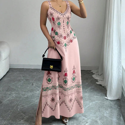 👗50% RABATT NU!🎀Ärmlös klänning med V-ringning, blommönster och slits