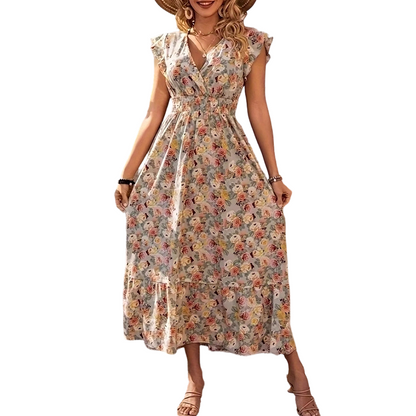 👗50% RABATT NU!🎀Dam Blommig V-ringad Smockad Midja Klänning