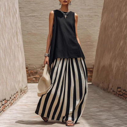 👗50% RABATT NU!🎀Set med ärmlös topp och randig kjol för dam