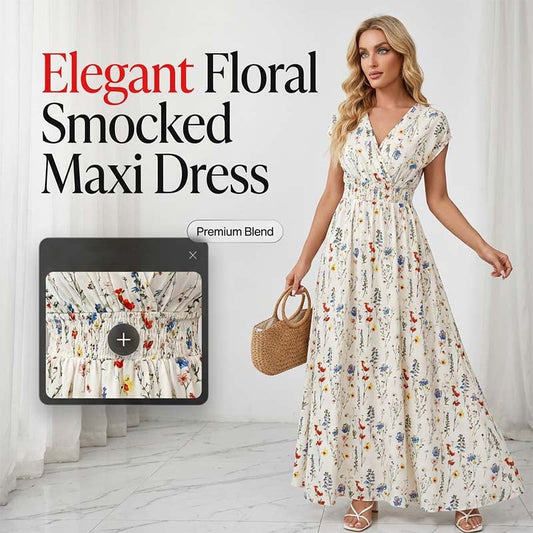 👗 50% RABATT NU!🌸 Blommig V-ringad Maxiklänning – Elegant Rynkad Midja & Premium Tyg – Sommar Essential ✨