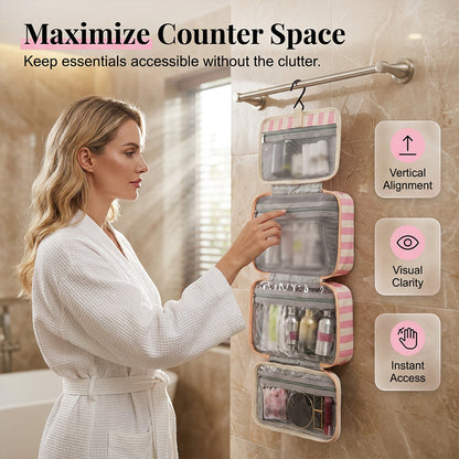 🧳40% RABATT  NU!!  ✨ Randig Hängande Resväska för Toalettartiklar – 4 Fack, Vattenresistent, Vikbar 🛅