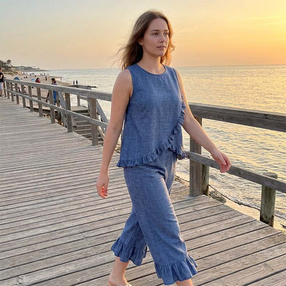 ✨🔥Set med ärmlös sommarblus och byxor med volangkant