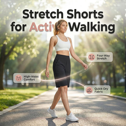 ✨50% RABATT NU! ✨ Stretchiga promenadshorts för dam – 4-vägsstretch, hög midja, knälånga 🚶‍♀️