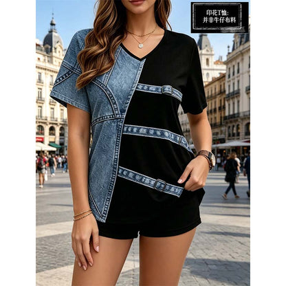 👕 Denim Print V-ringad T-shirt – Mjuk, Snygg, Enkel Stil 🌀
