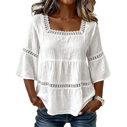 🌸 BEGRÄNSAD TID: 50 % RABATT! 💥 Elegant sommarblus med fyrkantig halsringning – boho-spets, klockformade ärmar, flödande lager ✨